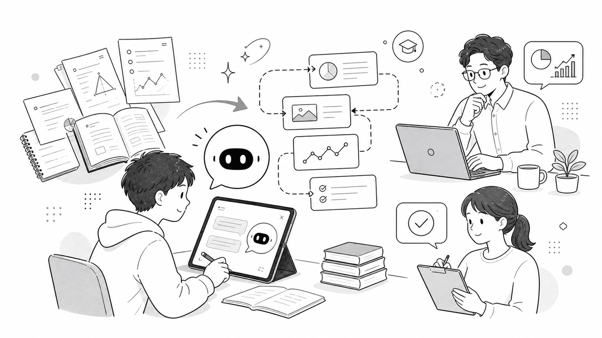 AIチューターと学習者、講師を描いた手描きイラスト