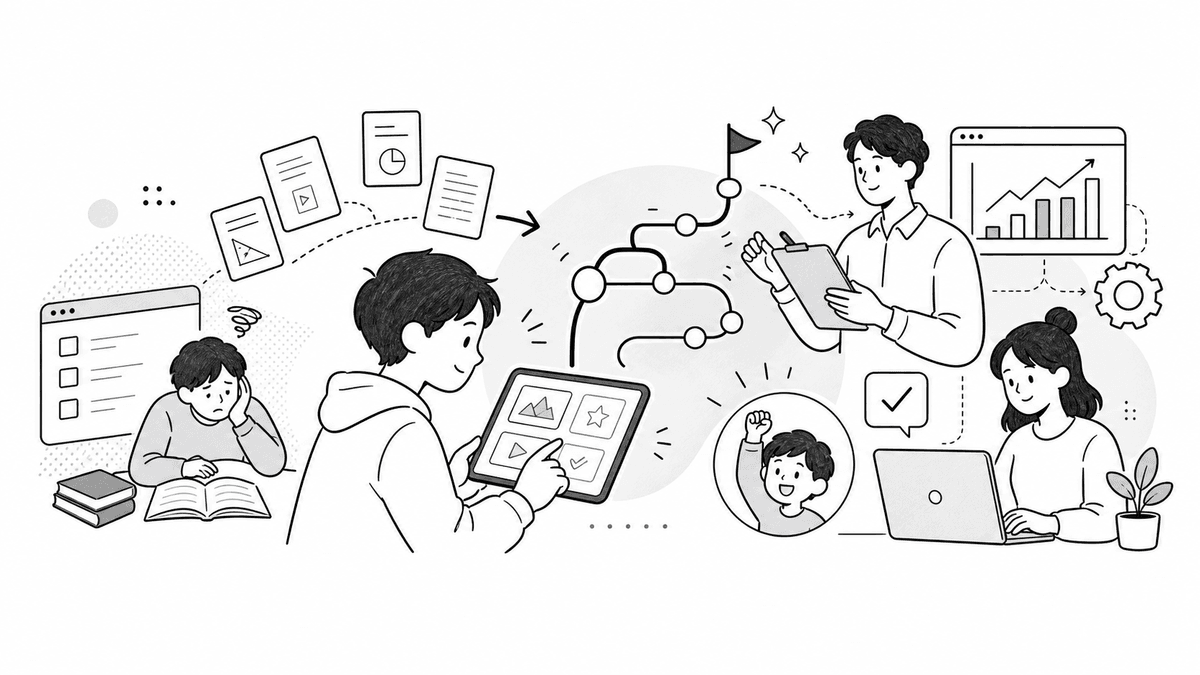 やらされる学習から進みたくなる学習へ変わる様子を描いた手描きイラスト